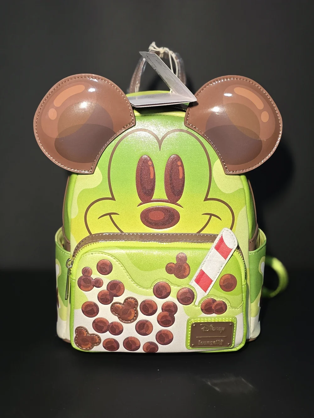 Loungefly Green Mickey Bubble Tea Kids Mini Backpack with Brown Ears